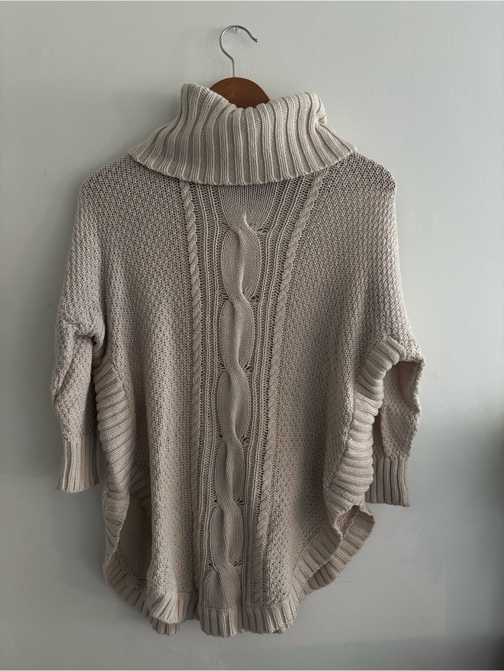 Express Cream Cable-Knit Turtleneck Poncho Sweater